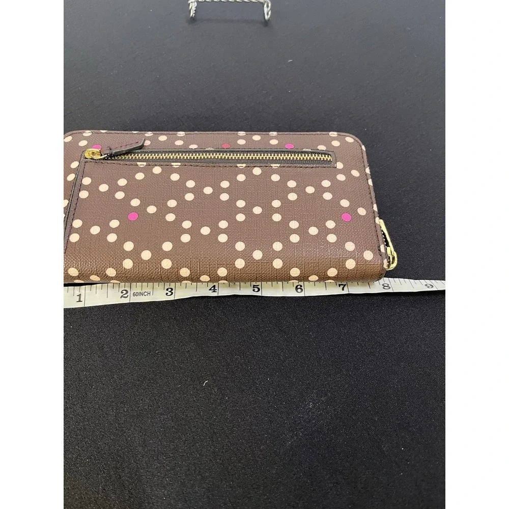 Fossil Sydney Clutch Wallet Brown Pink Polka Dot Coated Canvas Organizer A467